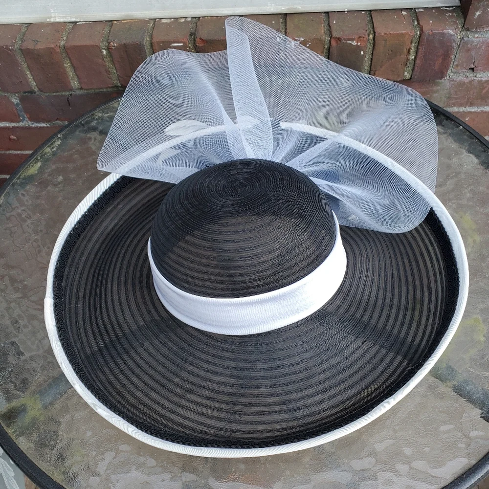 Whittail and Shon Black and White Wide Brim Fascinator Hat Feather Haute Couture